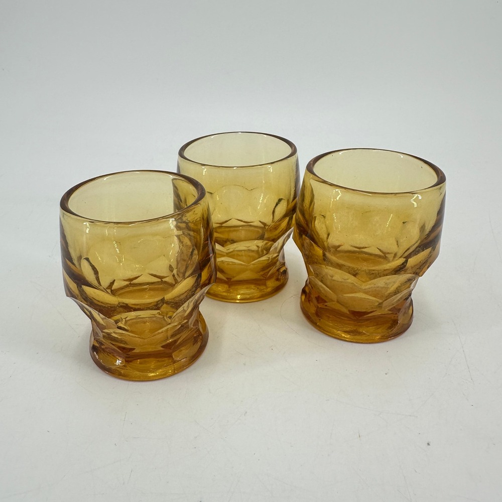 Vintage Amber Glass Shot Glasses Set of 3 Honeycomb Thumbprint Pattern MCM Retro
